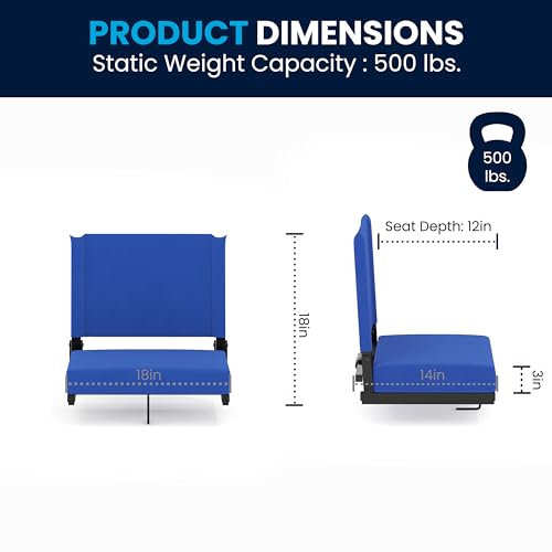 Flash Furniture Grandstand Portable Stadium Seats for Bleachers or Benches, Folding Padded Stadium Chairs with Handle, Pack of 2, 500 lb. Weight Capacity, Blue