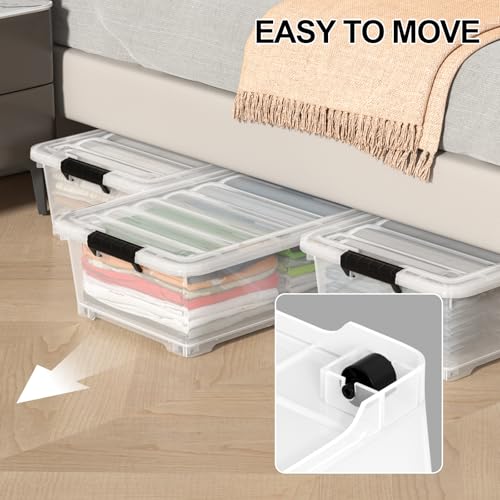 4 Packs 20 Quarts Under Bed Plastic Storage Bins with Lids, Clear Underbed Storage Containers with Wheels