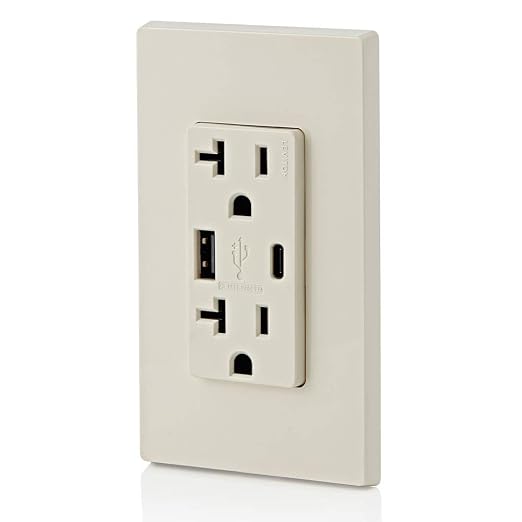 Leviton Type A &amp Type-C USB In-Wall Charger with 20A Tamper-Resistant Outlet USB Charger for Smartphones and Tablets. Not for Laptops T5833-E Black