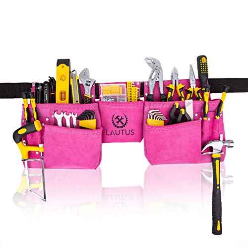 LAUTUS Pink Tool Belt/Pouch/Bag, Carpenter, Construction, Framers, Electrician |11 Pockets| 2 Steel Hammer Holders|