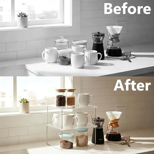 IVYHOME Pantry Organizer, Cabinet Storage Shelf Rack, Stackable Kitchen Cabinet, Foldable Countertop Shelf Organizer, 2 Pack