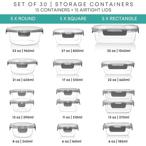 Razab 30 PC Glass Food Storage Containers with Lids - Reusable Glass Meal Prep Containers for Lunch and Leftovers - Airtight & Leakproof Snap Locking Lids - Oven, Freezer, Microwave & Dishwasher Safe - color: Gray