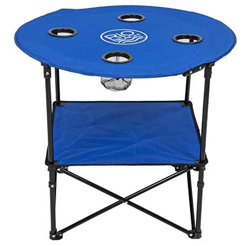 Rio Brands 28" Round Lightweight Fabric Portable Folding Beach Table with Cupholders, Blue
