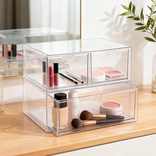 Prsildan Acrylic Drawer Makeup Organizer with 3 Drawers, Clear Stackable Storage for Baby Bottles, Craft, Jewelry & Hair Accessories, Multi-Use for Vanity, Countertop, Office Desk Organization - style: 3 Drawers