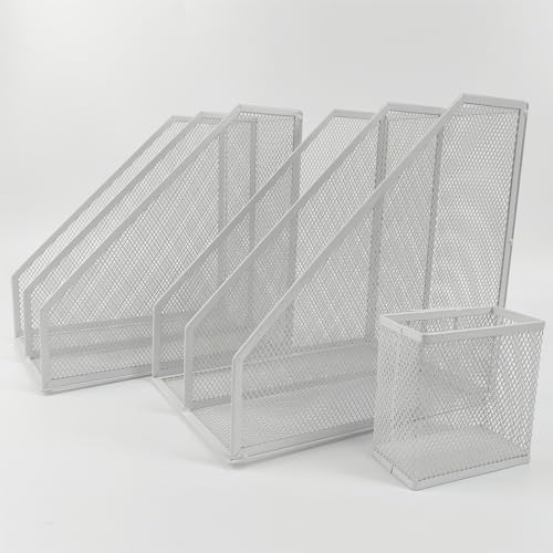 2 Set Desk Organizers, Metal Desk Magazine File Holder and 1 Pen Holder, 2 Compartments Mesh File Holder, Mesh Desktop Organizer and Storage (white) - color: 2 File Holder With Compartments white
