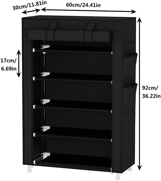 Calmootey 5 Tier Shoe Rack Organizer,Portable Shoe Shelf with Nonwoven Fabric Cover for Closet Hallway,Bedroom,Entryway,Black