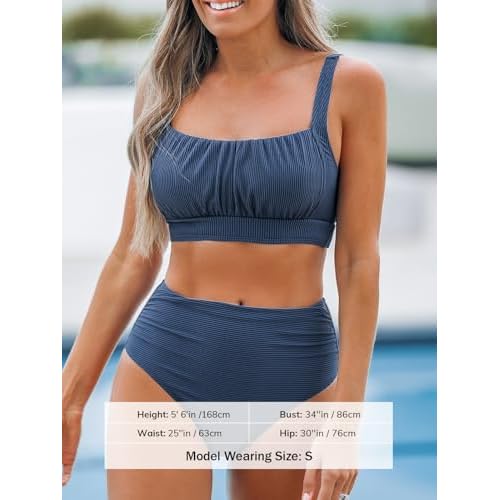 CUPSHE Women's Bikini Sets Two Piece Bathing Suit High Waisted Square Neck Adjustable Straps Ruched