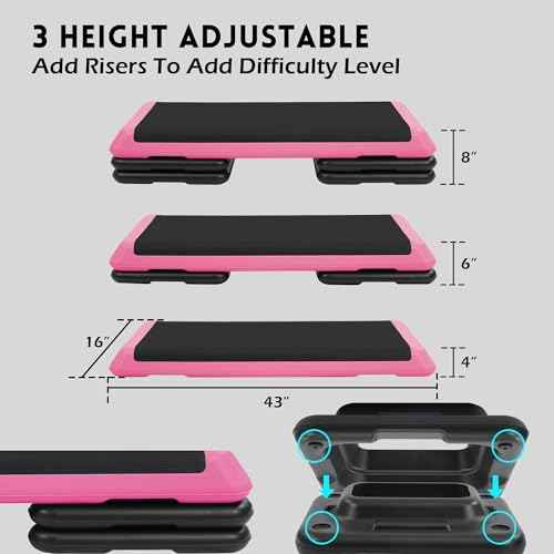 Fitvids 16'' High Step Aerobic Platform with 4 Risers, Exercise Workout Step Platform Adjustable Height 4"-6''-8''-10''-12'' for Home Gym, Fitness Training Workout Aerobics Platform