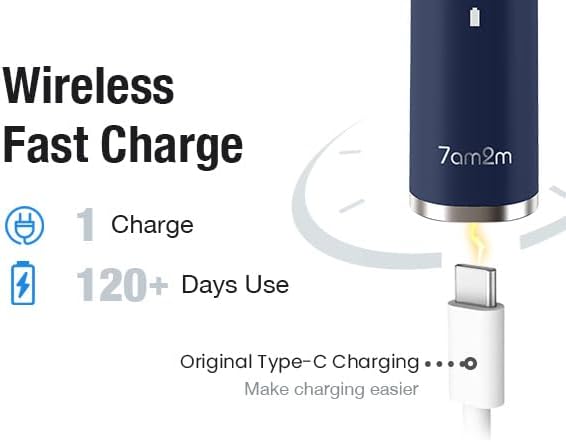 7AM2M Ultrasonic Electric Toothbrush with 6 Brush Heads for Adults&Kids, Type C Rechargeable, One Charge for 120 Days, 5 Modes&40000VPM Powered Toothbrush, 2 Minutes Built in Smart Timer (Navy Blue)