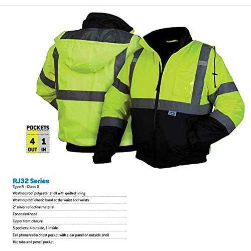 Pyramex Safety RJ3210XL RJ32 Series Jackets Hi-Vis Lime Bomber Jacket with Quilted Lining- Size Extra Large