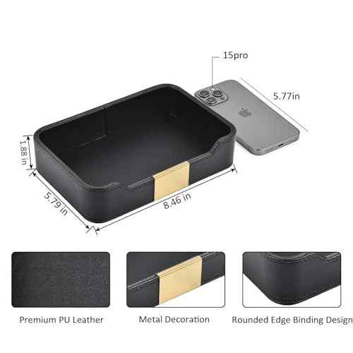 Luxury Leather Valet Tray,Jewelry Tray,Desktop Storage Organizer,Caddy Holder for Cosmetic,Jewelry,Watch,Keys,Phone,Wallet,Remote Controller,Pen, (black) - color: black
