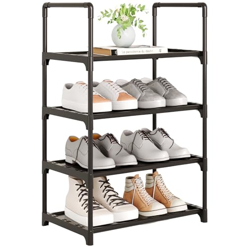 Upgrade Stackable Small Shoe Rack, 4-Tier Shoe Shelf Storage Organizer with Handle for Entryway, Hallway and Closet (Black) - size: 4-Tier(Black)