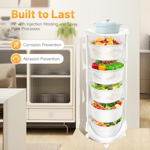 Multi-Layer Kitchen Storage Basket 5Tier Rotating Vegetable Organizer Cart with Casters Detachable Rolling Living Room Standing Rack with Shelve for Bathroom,110 lbs Bearing,14.3*36.2in (5Tier-White) - size: 5Tier-White