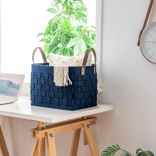 boldmonkey Blankets Basket 16.5 " x13 x13 , Extra Large Rectangular Laundry Hamper with Leather Handle, Soft Dog Toy Basket for Storage-Navy Blue - color: Navy Blue