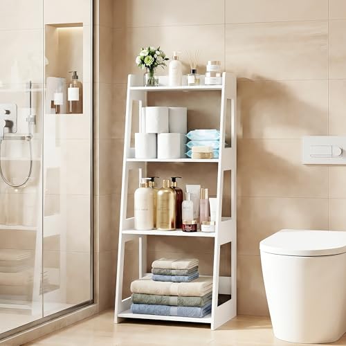 4-Tier Ladder Shelf, White Bathroom Shelves Freestanding Open Shelving Unit Bookshelf, Side End Table for Living Room Kitchen Bathroom(11.8”D x 15.7”W x 38.6”H) - size: 11.8"D x 15.7"W x 38.6"H