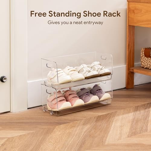 HBlife Clear Acrylic Kids Shoe Rack Baby Toddler Shoe Storage Organizer for Closet Floor Entryway Bedroom, 2 Tier Stackable Small Shoe Rack Shelf Display Stand - size: 2 Tier