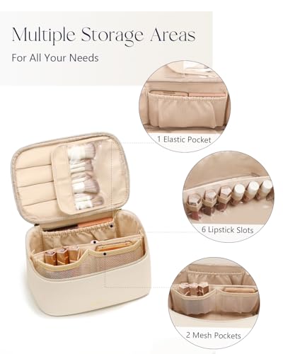 Prite Makeup Bag, Large Capacity Portable Travel Cosmetic Bag, Waterproof Makeup Organizer for Women with Handle and Divider (001 Beige) - color: 001 Beige
