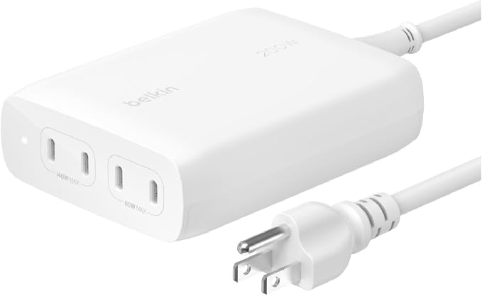 Belkin 4-Port USB C Charger Block 200W - GaN Charger USB-C PD 3.1 Fast Charge + 5ft Power Cord - MacBook Apple iPhone 17 iPad Samsung Galaxy S25 Google Pixel 10 Nintendo Switch 2 &amp More - Whi