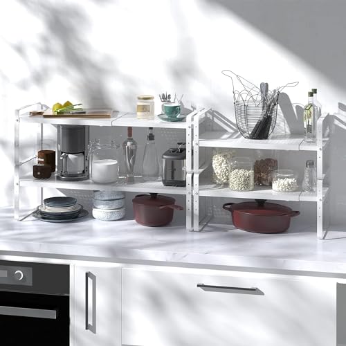 Expandable Kitchen Cabinet Shelf Organizer Rack Heavy Duty Metal Spice Rack Stackable Kitchen Counter Storage Shelf for Kitchen Cabinet Pantry Bathroom (White - 16.5"-27" L x 10.2" W x 9.6" H - 3Pack) - color: White - 16.5"-27" L X 10.2" W X 9.6" H - 3pac