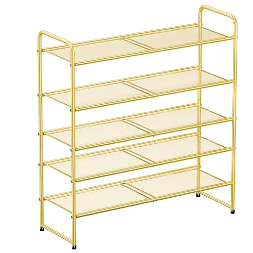 Shoe Rack, 5 Tier Sturdy Stackable Closet Shoe Organizer with Metal Mesh Shelves, Adjustable, Gold - color: Gold, size: 5 Tier
