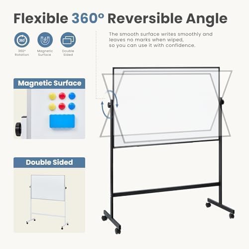 DUMOS Rolling Whiteboard Double Sided 46 x 32 Inches, Magnetic White Board Dry Erase on Wheels, Dry Erase Board with Stand for School, Office and Home, Silver Aluminium Frame, Black