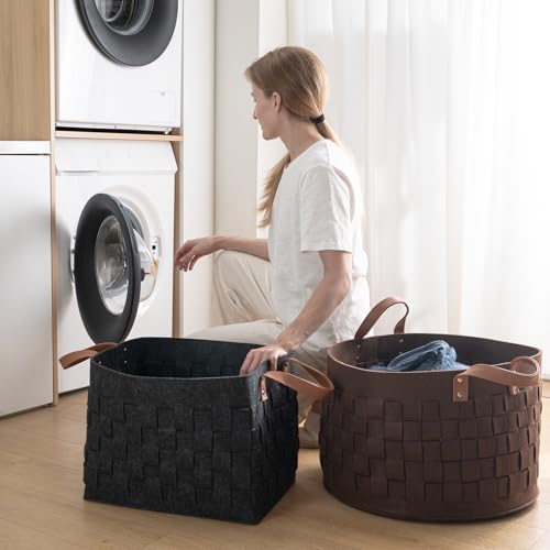 boldmonkey Laundry Basket 16.5 " x13 x13 , Large Rectangular Blanket Basket with Leather Handle, Felt Storage Basket for Living Room, Nursery, Dog Toys-Dark Gray - color: Dark Gray