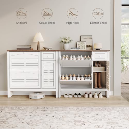 ONBRILL Shoe Storage Cabinet with 2 Flip Drawers, 1 Drawer, 1 Side Cabinet, Narrow Shoe Organizer with Ventilated Grille Panel & Movable Shelves, Freestanding Hidden Shoe Rack for Entryway (White)