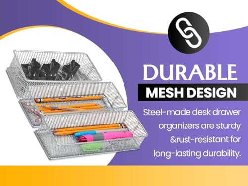 YBM HOME Silver Mesh Drawer Cabinet and or Shelf Organizer Bins, School Supply Holder Office Desktop Organizer Basket 1591s (1, 6x12x2 Inch) - size: 6x12x2 Inch