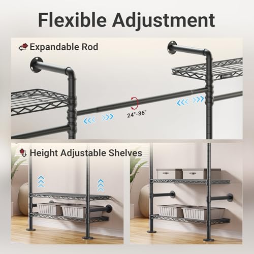 Timate F4 Wall Mounted Clothes Rack Industrial Pipe Clothing Rack for Hanging Clothes, Expandable Garment Rack Heavy Duty Wardrobe Closet Organizer and Storage, Black Adjustable Industrial Closet Kit - color: Black