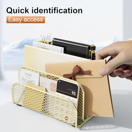 gianotter Mail Organizer Countertop, Metal File Holder with 3-Slot, Gold Desk Accessories for Office (Gold) - color: Gold
