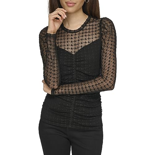 KARL LAGERFELD Womens Houndstooth Mesh Long Sleeve Blouse