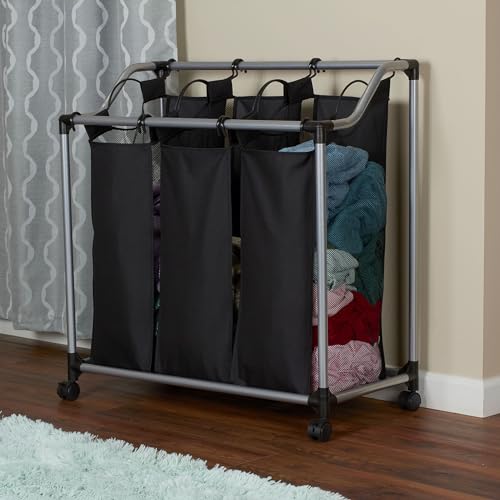 Household Essentials Triple Laundry Sorter with Wheels, Tapered Metal Frame, Removable Polyester Bags, Ventilated, Smooth Rolling Casters, Great for Sorting Laundry Large