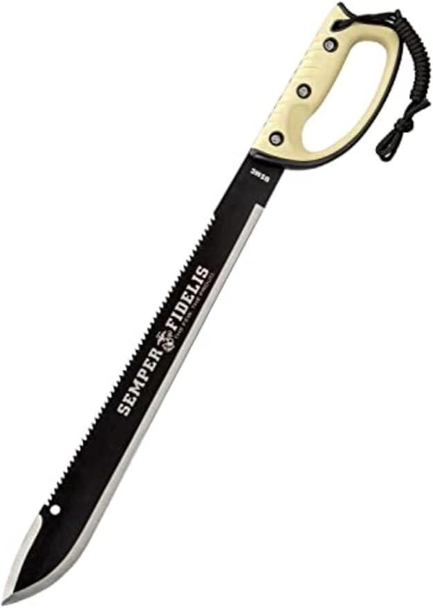 United Cutlery USMC Semper Fi Sawback Machete Knife with Sheath | Full-Tang Machete | 17 1/2" Non-Reflective Stainless Steel Blade | Saber-Style Handguard Handle | Modern Tactical Weapon - 24” Overall