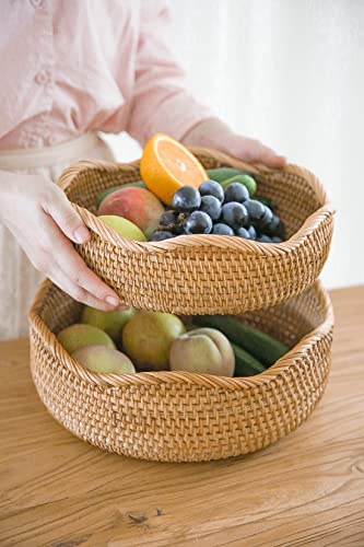 HITOMEN Handmade Rattan Bread Baskets Round Wicker Fruit Serving Storage Bowls, Natural Woven Decorative Kitchen Counter Organizing (Honey Brown) M-10.2" - size: Medium
