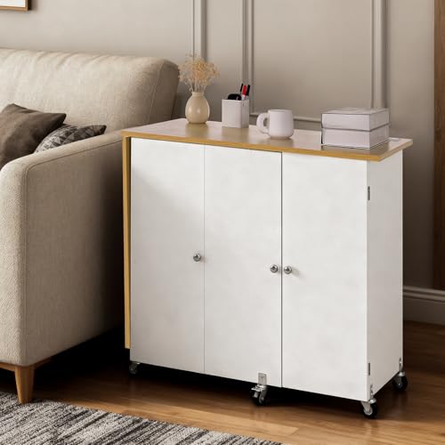 VEVOR Folding Sewing Table, Multipurpose Sewing Machine Table with Cabinet, Charging Station, Compact Design, Wheels, Wooden Pegs, Storage Trays and Shelf, Craft Station and Side Desk for Home - size: Natural White w/ Cabinet