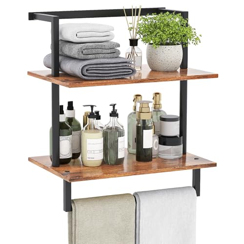 Wall Mounted Towel Rack for Bathroom, Bath Storage Holder 3-Tier Steel Wood Towel Shelf with Bar, Rustic Brown - color: Rustic Brown