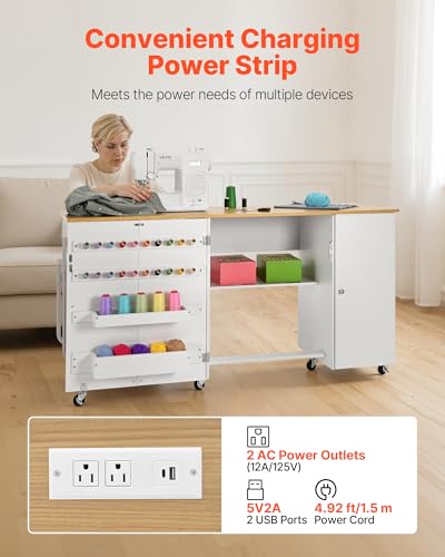 VEVOR Folding Sewing Table, Multipurpose Sewing Machine Table with Cabinet, Charging Station, Compact Design, Wheels, Wooden Pegs, Storage Trays and Shelf, Craft Station and Side Desk for Home - size: Natural White w/ Cabinet