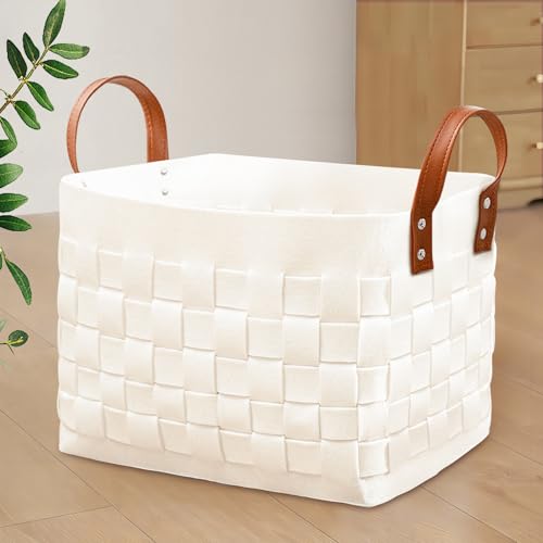 BOLDMONEKY Blankets Basket 16.5 " x13 " x13 " , Large Rectangular Laundry Hamper with Leather Handle, Soft Dog Toy Basket for Storage-Beige - color: Beige