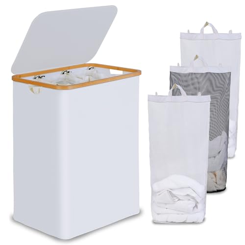 efluky Laundry Hamper with Lid, Double Laundry Hamper with 2 Removable Bags, 2 Section Laundry Basket with Bamboo Handles for Bathroom, Bedroom & Laundry Room (White, 160L Trio) - color: White, size: 160L Trio