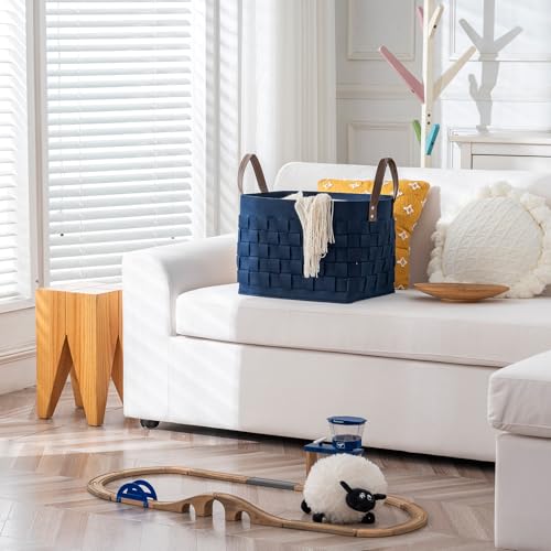 boldmonkey Blankets Basket 16.5 " x13 x13 , Extra Large Rectangular Laundry Hamper with Leather Handle, Soft Dog Toy Basket for Storage-Navy Blue - color: Navy Blue