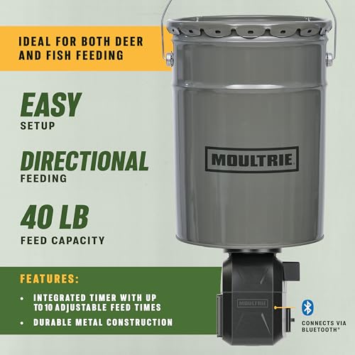 Moultrie 40lb All-in-One Directional Hanging Deer Feeder - 40lb Capacity - Metal Hopper Fish Feeder - Digital Timer with 4 Daily Feeds - Moultrie Connect Bluetooth