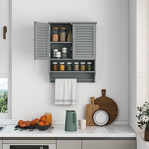 Tangkula Wall Mounted Bathroom Cabinet with Open Shelf & Bar, Medicine Cabinet with Double Louvered Doors, Wall Storage Cabinet with Adjustable Shelf, for Bathroom Living Room Kitchen (Grey) - color: Grey