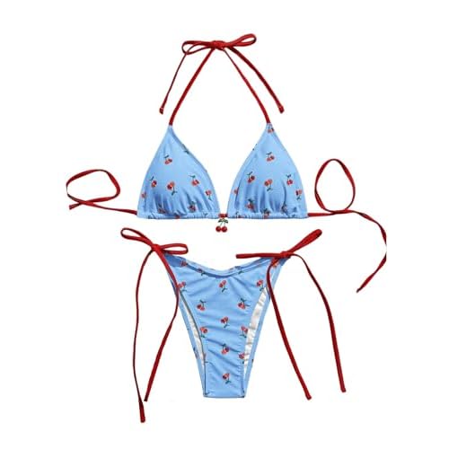 WDIRARA Women's 2 Piece Swimsuit Cherry Print Bikini Set Halter Triangle Bikini Side Tie String Bathing Suits