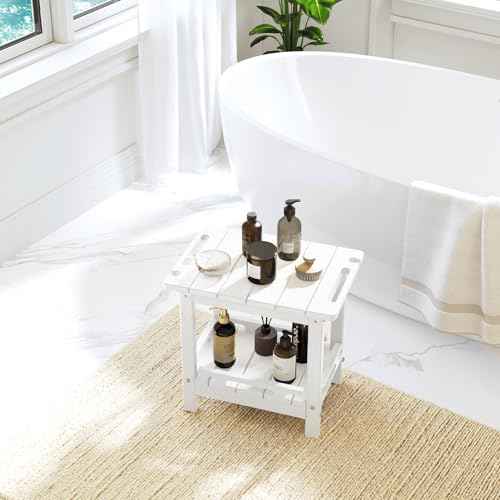 NALONE Shower Bench, HDPE Shower Benches with Storage Shelf & Handles, Indoor and Outdoor Use (White)