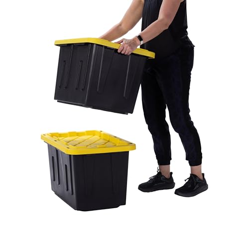 Plastic 23-Gallon Storage Tote with Lockable Lid, Stackable Tough Regular-Duty Bin for Garage, Tools, and Home Organization (4-Pack) - Black and Yellow - size: 23-Gallon (4-Pack)