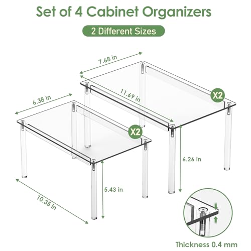 Delamu Clear Kitchen Cabinet Organizer, Set of 4 Acrylic Shelf Organizer for Cupboard Organizers and Storage, Stackable Cabinet Shelf for Plate, Dish, Bowl, Cup & Mug, 11.7" W x 7.7" D x 6.3" H - size: Set of 4