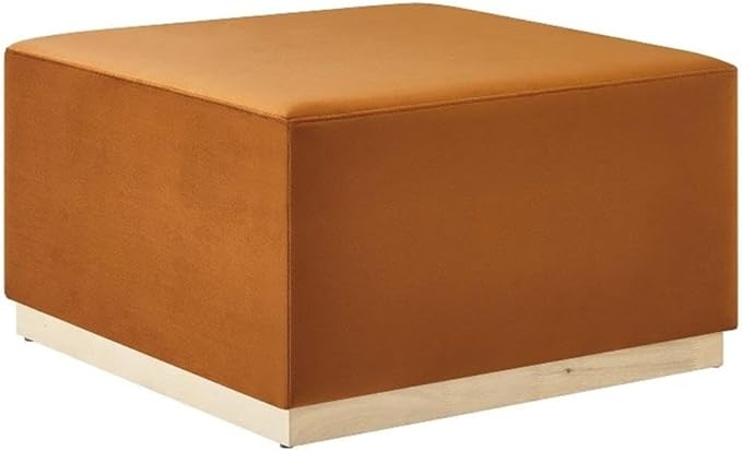 Modway Tilden 28 Inch Square Performance Velvet Upholstered Ottoman in Rust Natural - Large Ottoman Foot Rest with Rubberwood Plinth Base, Living Room Ottoman Coffee Table - Velvet Ottoman Table