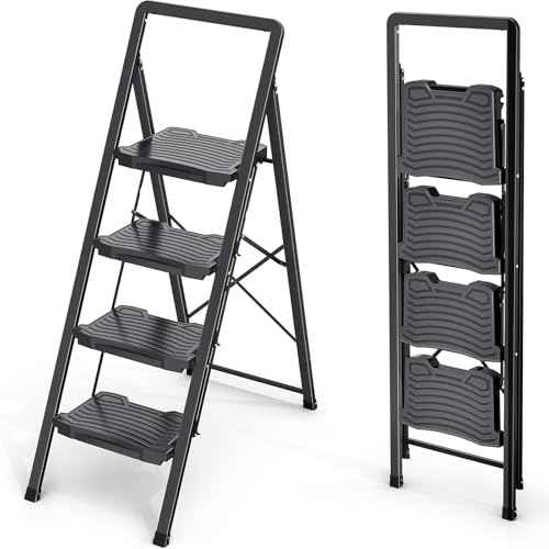 KINGRACK 4 Step Ladder 800lb Capacity, Folding Step Stool with Wide Anti-Slip Pedal & Safety Handrails, Lightweight Steel Ladder for Kitchen, Pantry, Office, Black