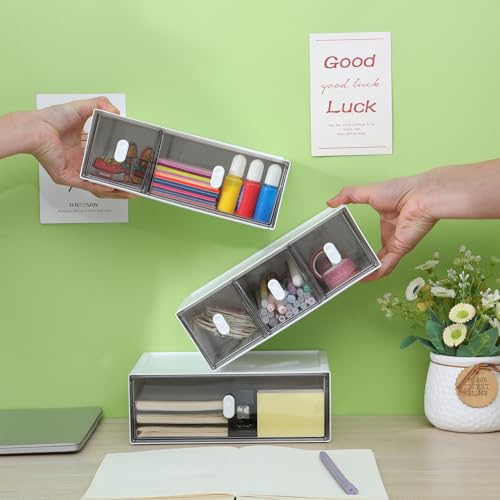 Desktop Storage Drawers, Plastic Desk Organizer with 1 Large Drawer, Modular Stackable Toolbox Units for Office Stationary, Makeup Container, Bathroom Countertop (1 Tall Layer, White & Clear) - color: 1 Tall Layer & 1 Drawer, White & Clear