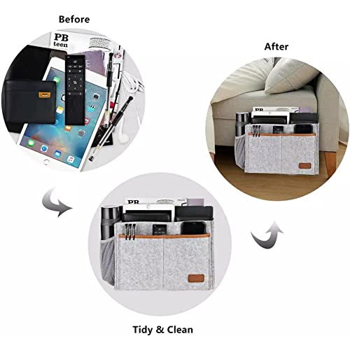 Bedside Caddy,Felt Bedside Storage Organizer, Hanging Storage for Dorm Bed Sofa for tablet Magazine Phone Remotes and Water Bottle Holder (Light Grey)
